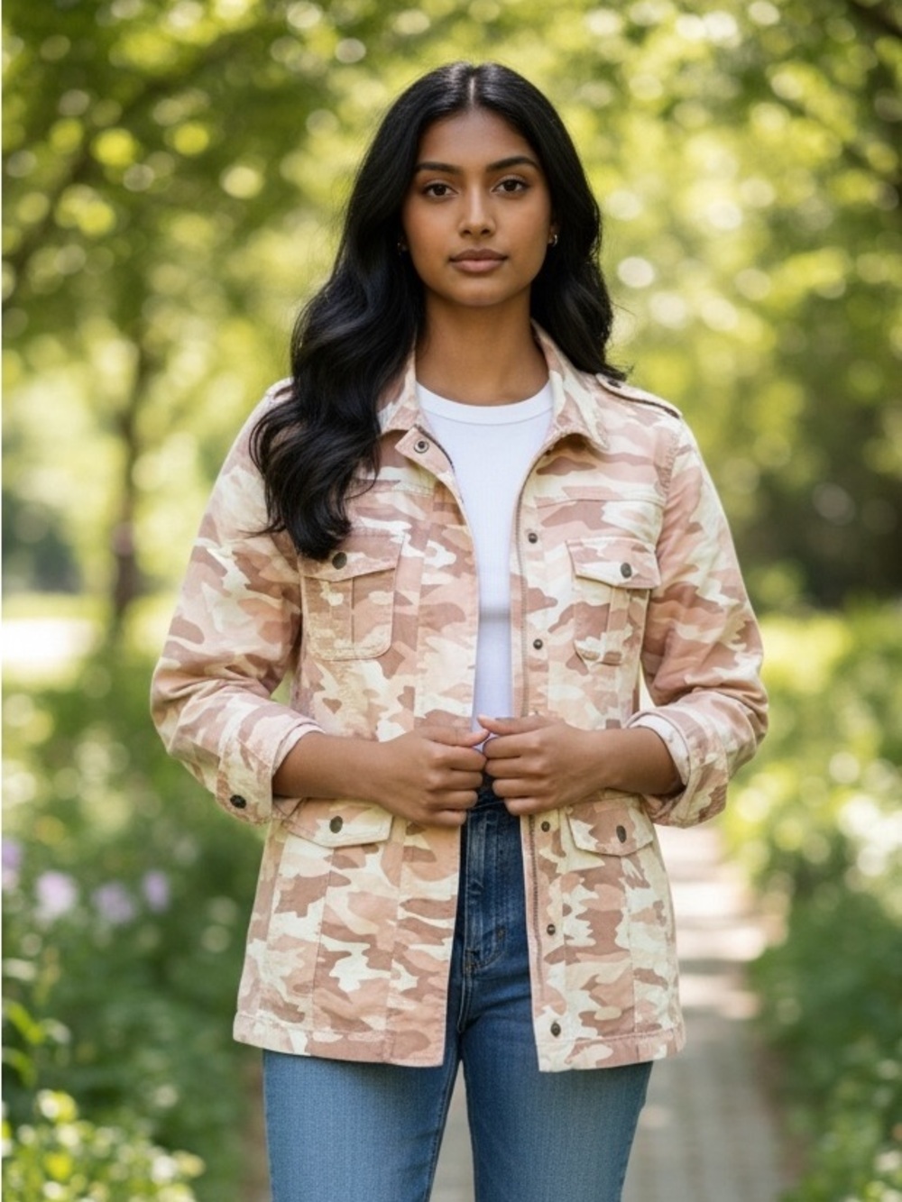NWOT Harper & Liv Pink Camo Utility Jean Jacket Size Large